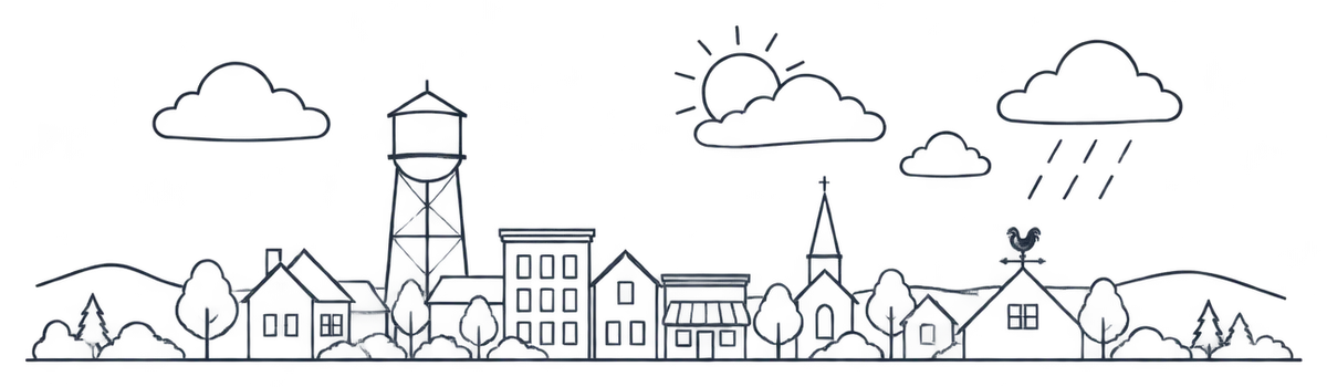 Line illustration of a small American town with a water tower, clouds, sun and light rain